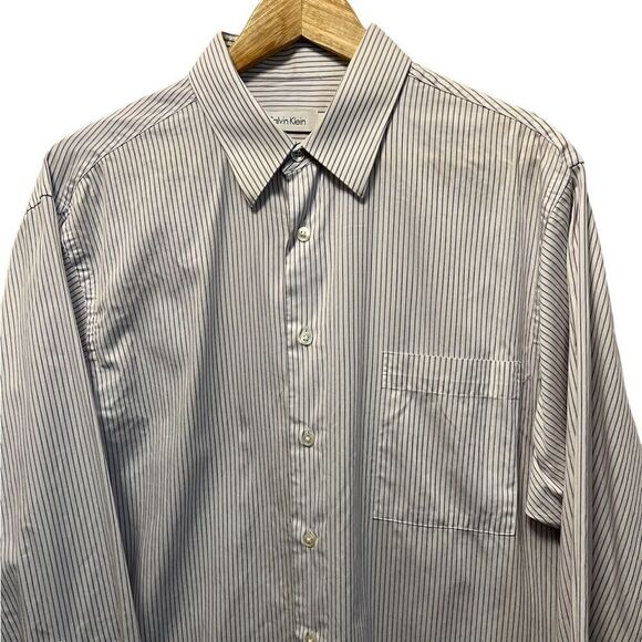 MENS CALVIN KLEIN White Purple Stripe Button Up Dress Shirt L - Picture 2 of 8